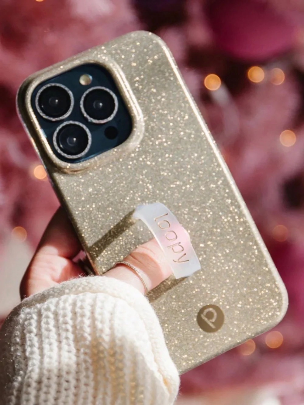 Loopy iPhone 14 Champagne Sparkle Case + Black Glittler Loop